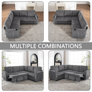 English Elm Sectional Corduroy Sleeper Sofa with Storage and Charging Ports for Small Spaces Grey W1361S00077
