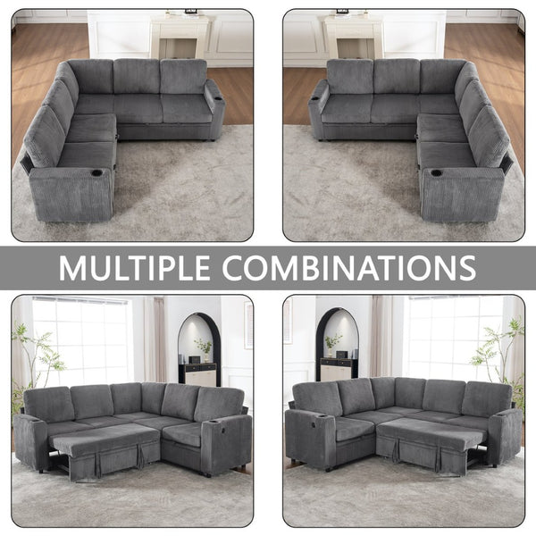 English Elm Sectional Corduroy Sleeper Sofa with Storage and Charging Ports for Small Spaces Grey W1361S00077