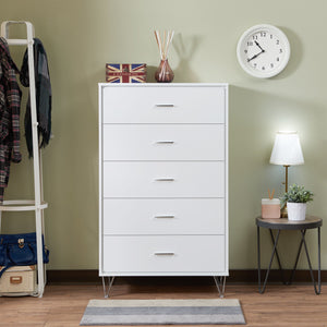 English Elm Deoss Five-Drawer White Finish Chest with Chrome Legs, Smooth Glide Ball Bearings & Safety Stop, Modern Storage B2726P256276