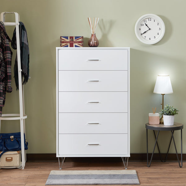 English Elm Deoss Five-Drawer White Finish Chest with Chrome Legs, Smooth Glide Ball Bearings & Safety Stop, Modern Storage B2726P256276
