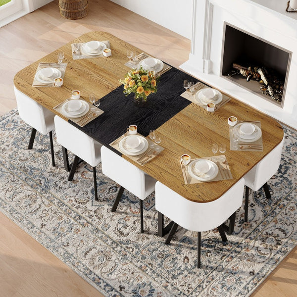 English Elm 9-piece Square Dining Set Two-tone Wood Table with 8 White Faux Leather Chairs W3875S00140