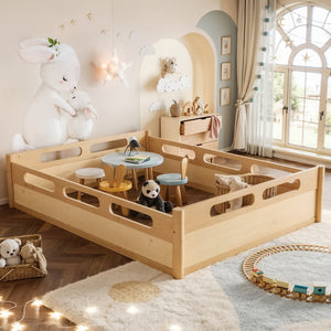 English Elm Queen Low Profile Floor Bed Pine Wood Frame Japandi Minimalist Bedroom Design Natural W1580P438796