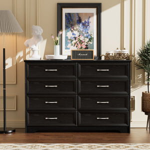 English Elm Modern Elegant Chest of Drawers with Antique Gold Knobs, 8-Drawer Durable Clothes Organizer, Waterproof Finish Black W1668P182256