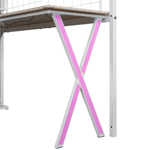 English Elm Twin Metal Loft Bed with Desk, Wardrobe & LED Lighting — Space-Saving Twin Loft with Storage Staircase GX000662AAK