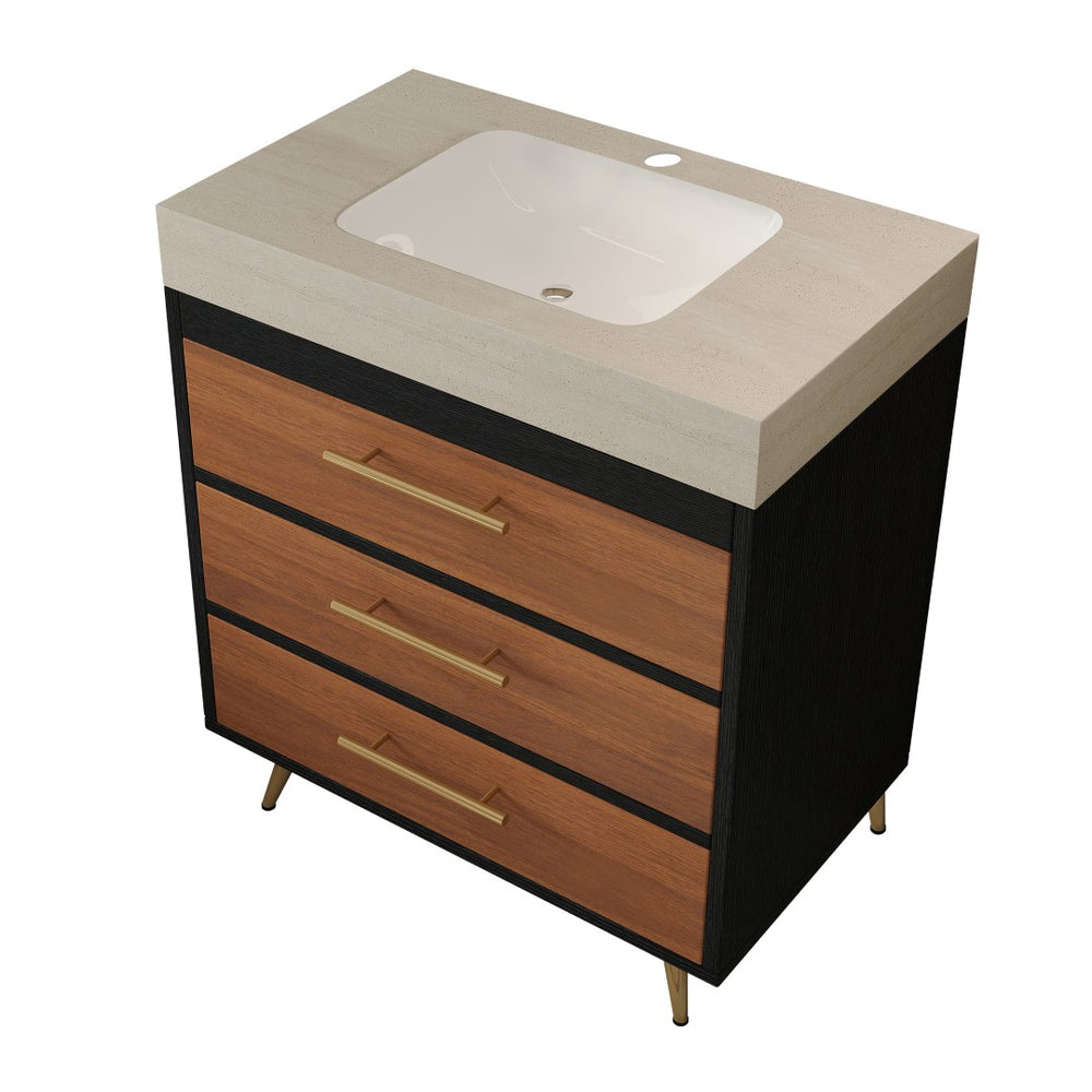 English Elm Modern Freestanding Bathroom Vanity with Vessel Sink Sintered Stone Gold Steel Legs W3136S00052