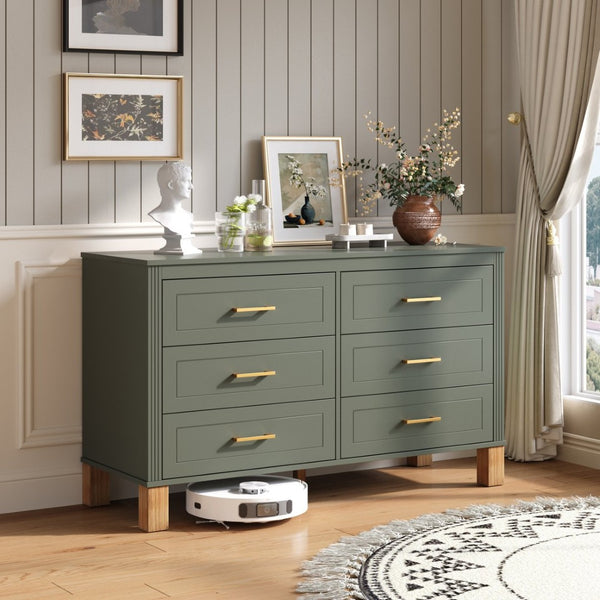 English Elm 6-drawer Double Dresser Solid Wood Legs Mid-century Modern Bedroom Storage Cabinet Olive W1445S00005