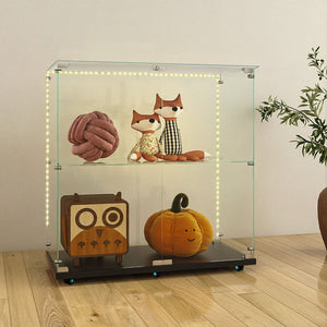 English Elm Tempered Glass Display Cabinet With Bluetooth Led Light, Lockable Casters & Versatile Storage Solutions W3155P290423-GIGA