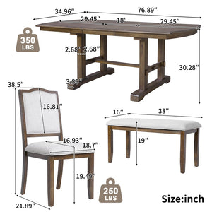 English Elm 6-piece Extendable Wood Dining Set with Linen Upholstered Chairs Bench Seats Eight Beige+Brown N752S000097D
