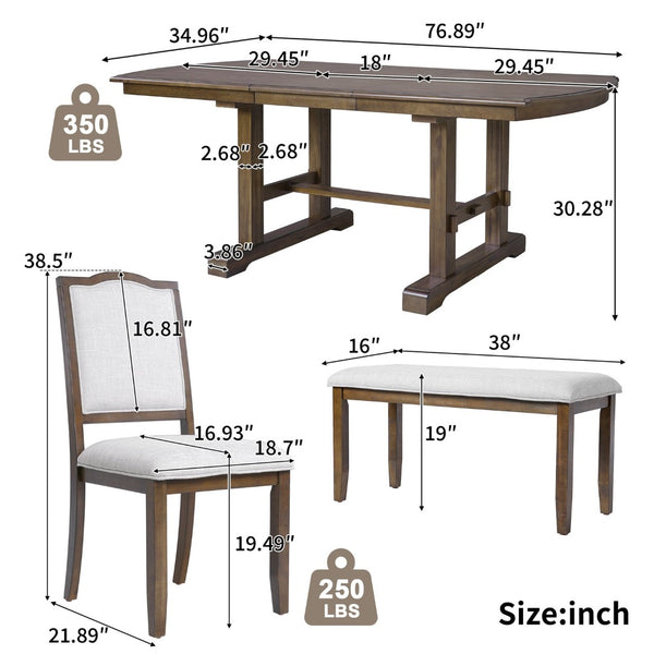 English Elm 6-piece Extendable Wood Dining Set with Linen Upholstered Chairs Bench Seats Eight Beige+Brown N752S000097D