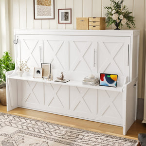 English Elm Full Murphy Bed with Fold Down Desk Led Lighting and Usb Port for Studio Spaces White W1580S00454