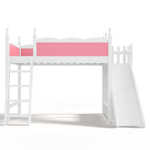 English Elm Twin Loft Bed Solid Pine Frame with Wardrobe Shelving Detachable Slide Kids Room Pink+White W5305S00016