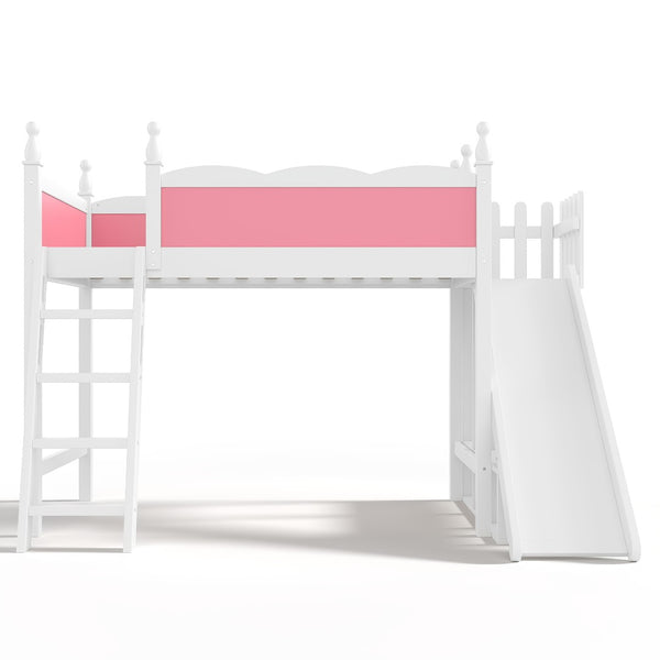 English Elm Twin Loft Bed Solid Pine Frame with Wardrobe Shelving Detachable Slide Kids Room Pink+White W5305S00016