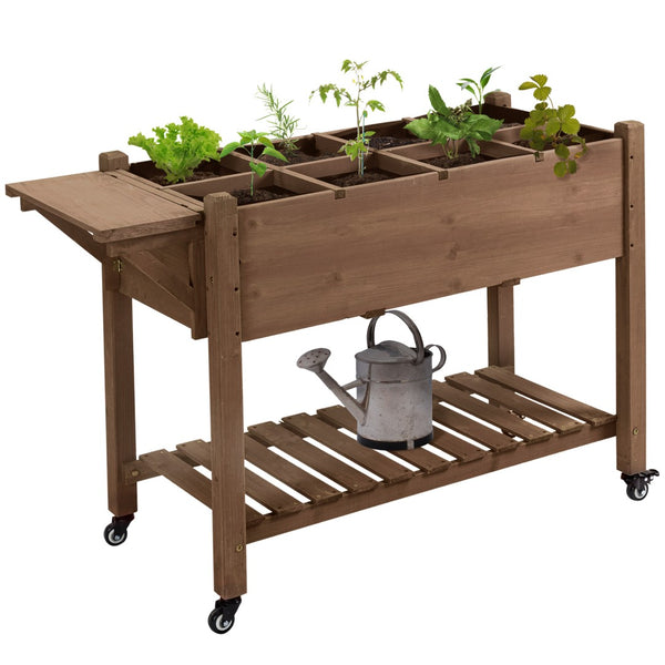 English Elm Outsunny Raised Garden Bed With 8 Grow Grids & Folding Table - Mobile Wooden Planter For Herbs, Veggies W2225P174418-GIGA