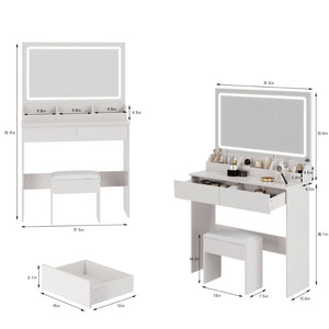 English Elm 31" X 20" Led Vanity Table Set with Cushioned Stool Touch Lighting Small Space White W3258P453340