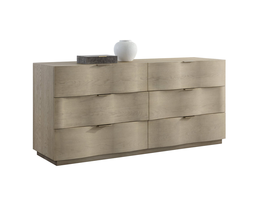 Sunpan Hoyos Dresser - Elegant Light Oak & Brass Finish, Soft-Close Drawers, Unique Character & Style