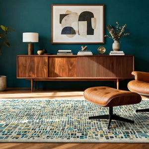 Louis de Poortere Gallery Collection Cubik Abstract Grid Area Rug for Modern Living Rooms and Office Spaces Midnight 4'7 x 6'7 119882