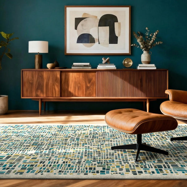 Louis de Poortere Gallery Collection Cubik Abstract Grid Area Rug for Modern Living Rooms and Office Spaces Midnight 4'7 x 6'7 119882