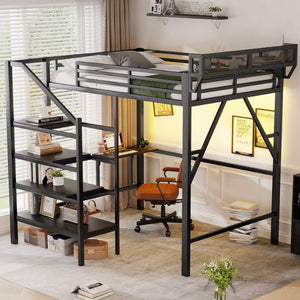 English Elm Full Size Metal Loft Bed with Foldable Desk Staircase Storage and Led Lighting W2580S00072