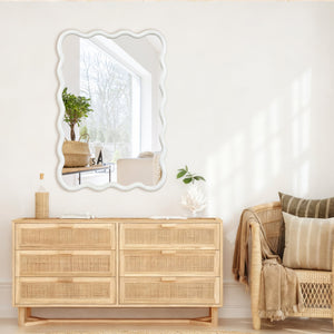 English Elm White 24"x36" Wavy Rectangle Solid Wood Frame Mirror - Elegant Bohemian Design, Tempered Glass Clarity W2203P389034