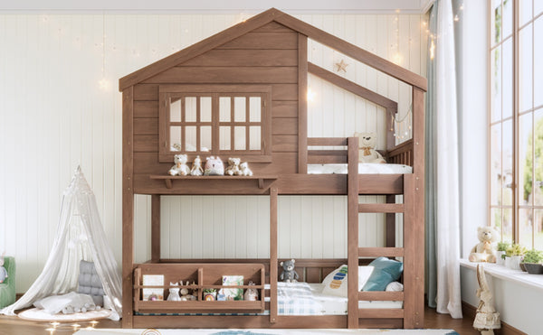 English Elm Full Bunk Bed with Trundle Bookshelf Storage Pine Frame Car Design for Kids W1580S00521