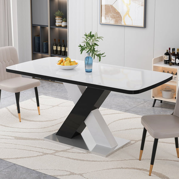 English Elm Modern Stretchable Rectangle Dining Table With Elegant White Top And Stylish X-Shape Black Legs W757P242760