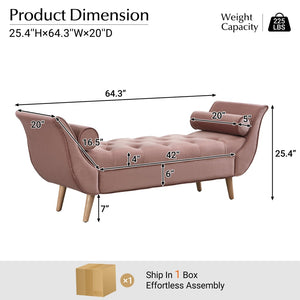English Elm Upholstered Velvet Tufted Bench with Bolster Pillows Solid Oak Legs Bedroom Entryway Pink N761P304407H