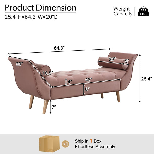 English Elm Upholstered Velvet Tufted Bench with Bolster Pillows Solid Oak Legs Bedroom Entryway Pink N761P304407H