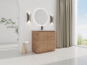 English Elm 36'' Freestanding Bathroom Vanity with White Ceramic Sink, Soft-Close Doors, Plywood, Adjustable Shelves W999P351896