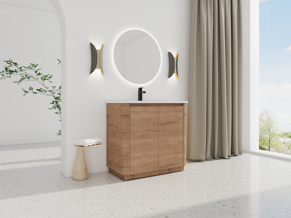English Elm 36'' Freestanding Bathroom Vanity with White Ceramic Sink, Soft-Close Doors, Plywood, Adjustable Shelves W999P351896