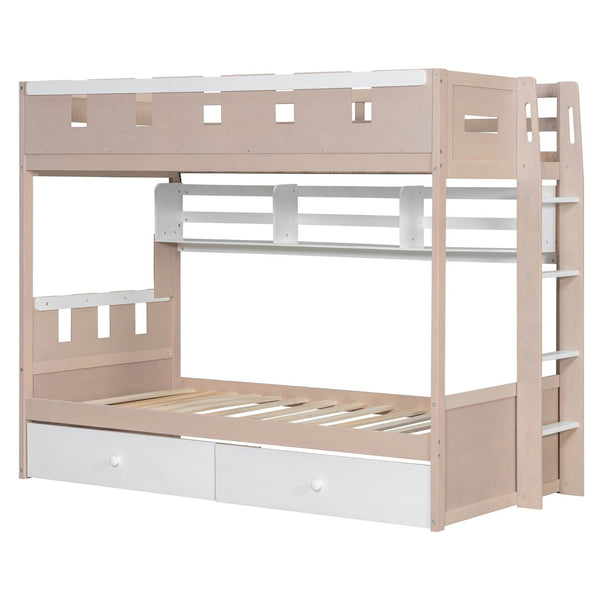 English Elm Twin Castle Bunk Bed with Led Lighting Built-in Shelf and Storage Drawers for Kids White LT000158AAK