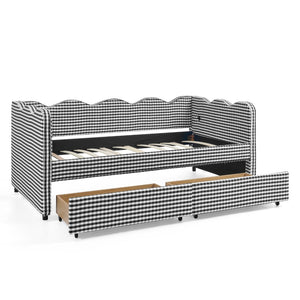 English Elm Twin Gingham Linen Daybed with Wave Silhouette Usb Port and Dual Storage Drawers Black W1413S00145