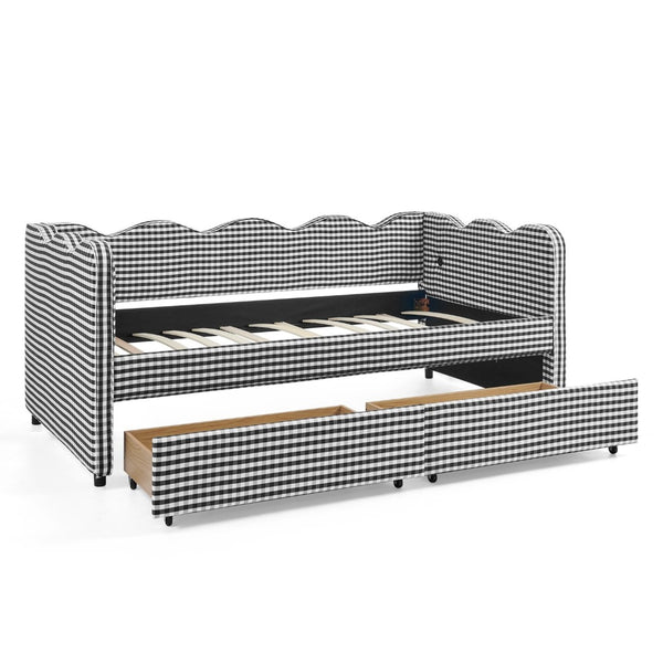 English Elm Twin Gingham Linen Daybed with Wave Silhouette Usb Port and Dual Storage Drawers Black W1413S00145