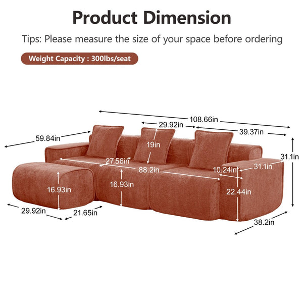 English Elm Streamlined Velvet L-shaped Sectional Sofa with Ottoman and Cloud Cushion Living Room Red W3041S00359
