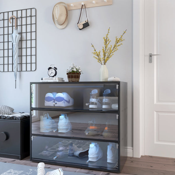 English Elm Black Glass Door Shoe Box Display Cabinet with RGB LED Lighting, Stackable Dustproof Showcase W331P235039