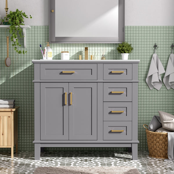 English Elm 36" Gray Modern Bathroom Vanity with Ceramic Sink, Solid Wood Frame, Soft-Close Doors & 4 Drawers N729P253935E