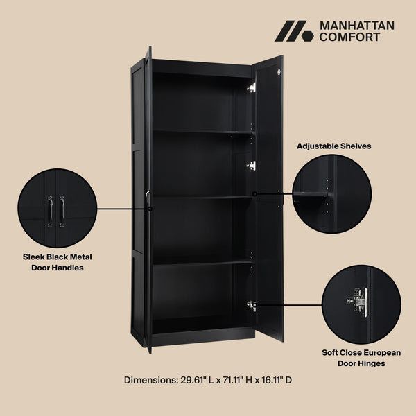 English Elm Cornelia Modern Storage Closet 2.0 — Slim Black MDF Cabinet, 4 Adjustable Shelves, Soft-Close Doors B365P398548