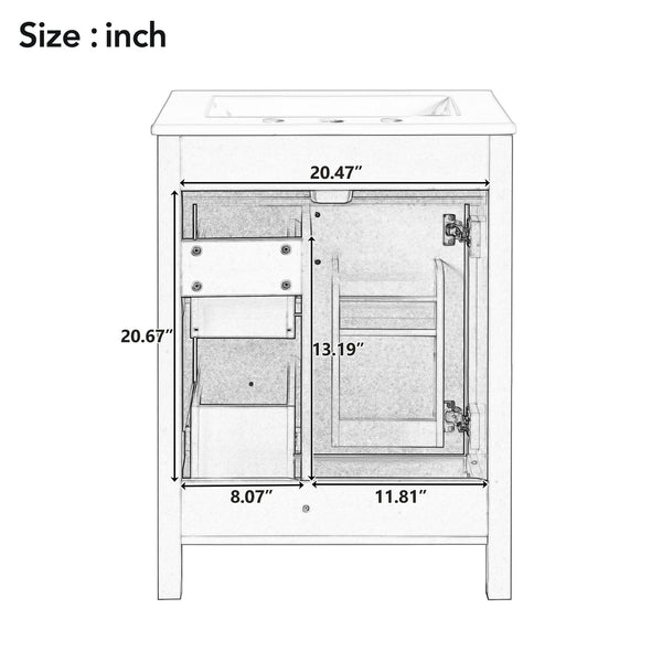 English Elm 24-Inch Bathroom Vanity with Ceramic Sink, Soft-Close Door & Drawers, Gold Handles, Durable Wood Elegance White N729P192078K