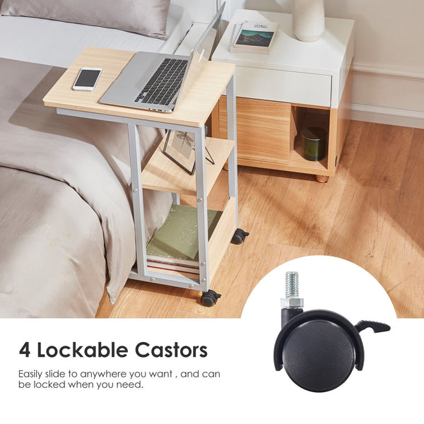 English Elm Shaped End Table with Lockable Wheels and Two-Tier Storage — C-Shape Rolling Side Table for Sofa Natural T3623P409439