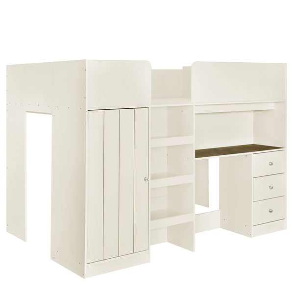 English Elm Wood Full Size Loft Bed with Built-In Wardrobe, Spacious Desk, Shelves and 3 Drawers for Storage Beige GX001819AAA