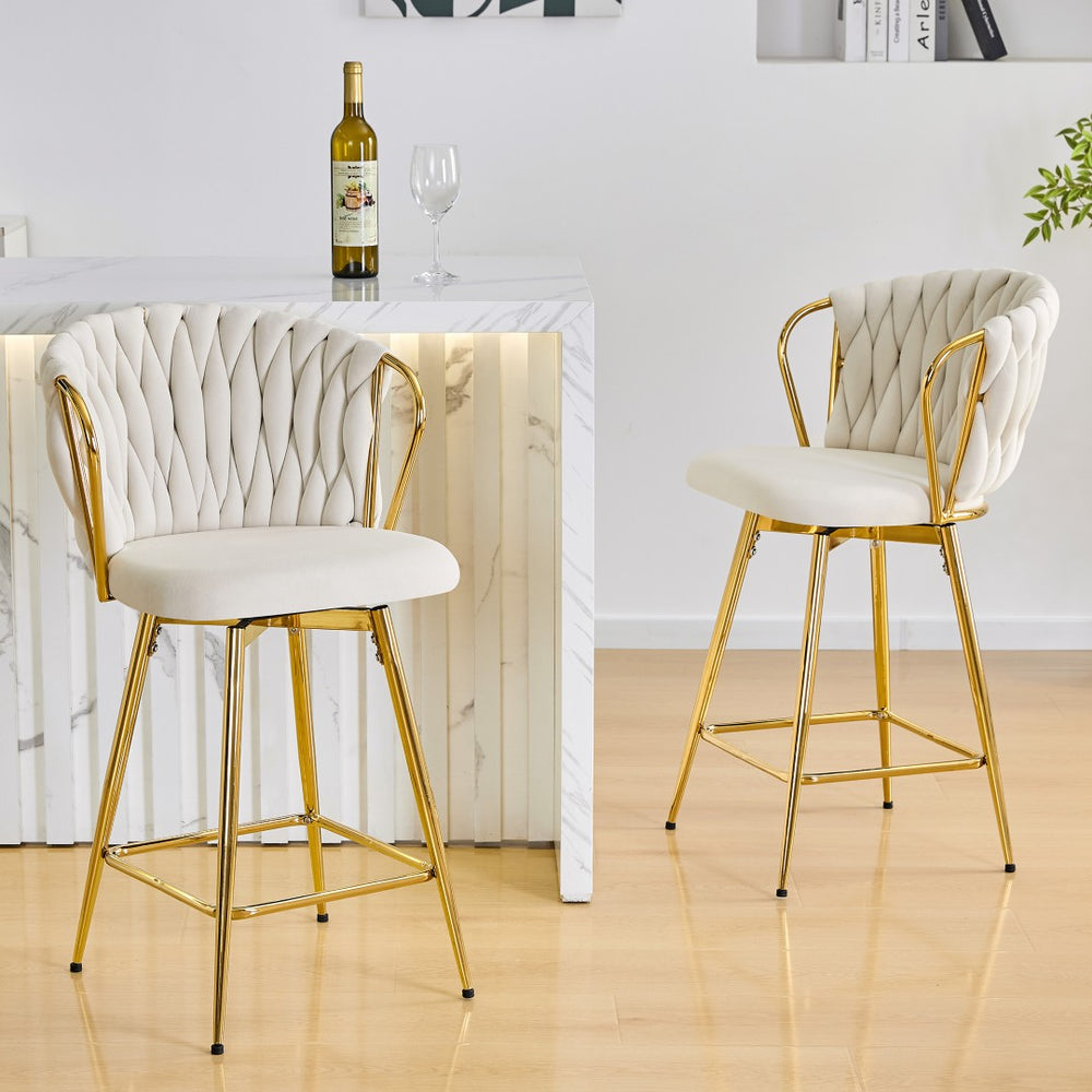 English Elm Set of 2 Velvet Counter Stools Woven Rope Backrest Padded Seat for Kitchen Island W3875P388492