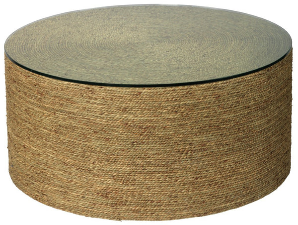 Jamie Young Co. Harbor Hand-woven Seagrass Round Coffee Table with Tempered Glass Top for Living Room 20HARB-CTNA