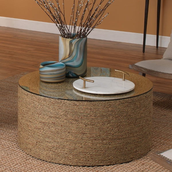 Harbor Hand-woven Seagrass Round Coffee Table with Tempered Glass Top for Living Room