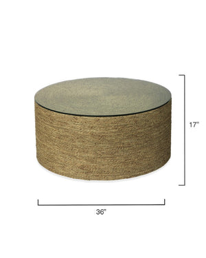 Harbor Hand-woven Seagrass Round Coffee Table with Tempered Glass Top for Living Room