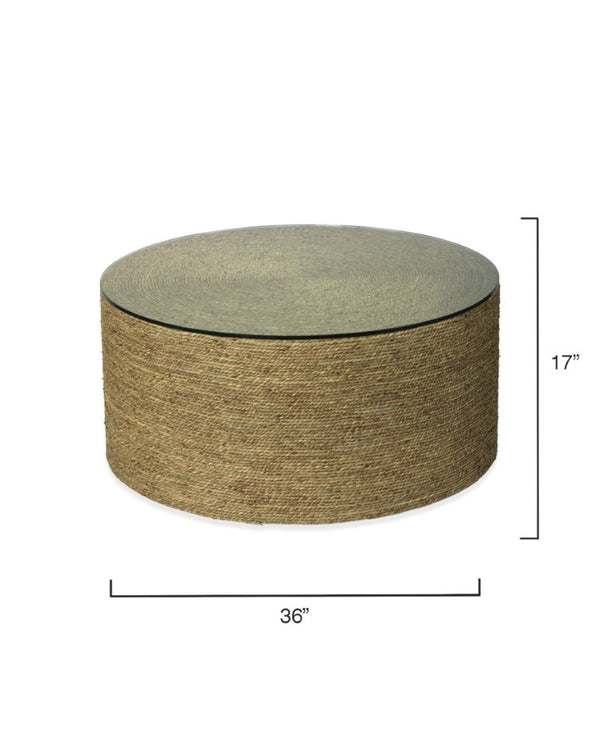 Harbor Hand-woven Seagrass Round Coffee Table with Tempered Glass Top for Living Room