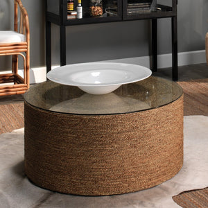 Harbor Hand-woven Seagrass Round Coffee Table with Tempered Glass Top for Living Room