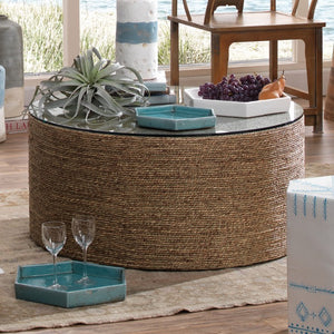 Harbor Hand-woven Seagrass Round Coffee Table with Tempered Glass Top for Living Room