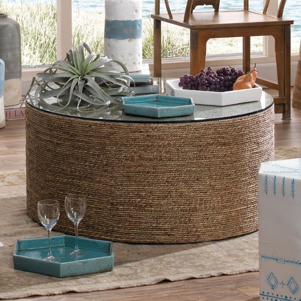 Harbor Hand-woven Seagrass Round Coffee Table with Tempered Glass Top for Living Room