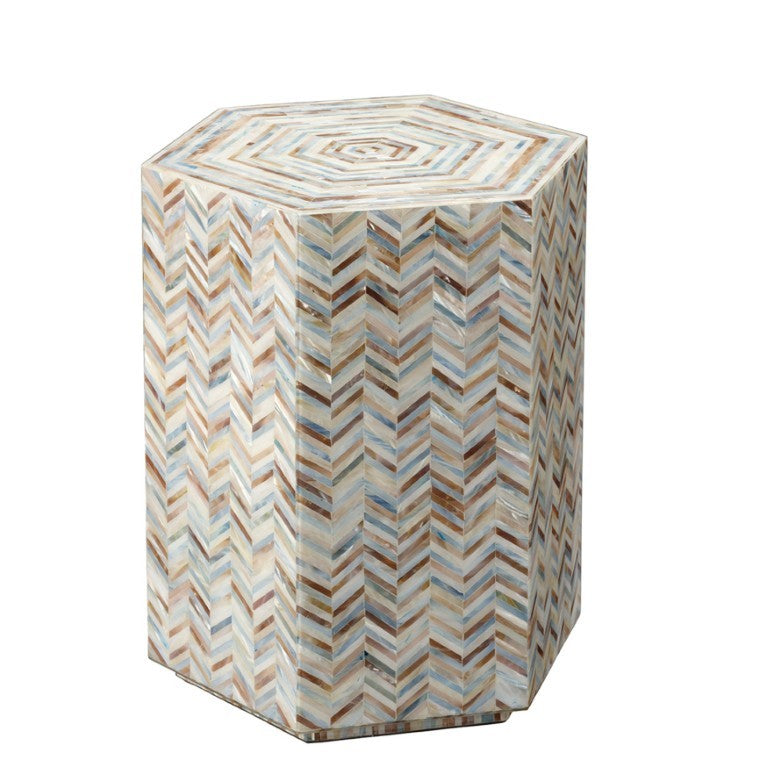 Jamie Young Co. Hepburn Iridescent Mother of Pearl Hexagon Accent Table Handcrafted Mosaic Inlay 20HEPB-STMOP
