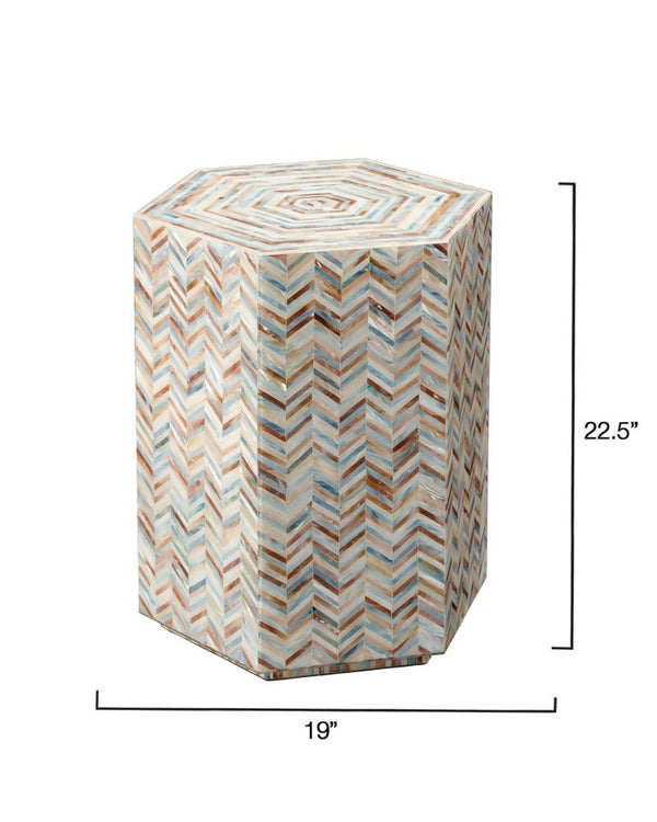 Hepburn Iridescent Mother of Pearl Hexagon Accent Table Handcrafted Mosaic Inlay