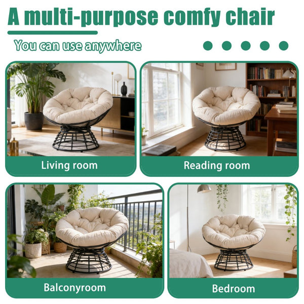 English Elm Oversized Papasan Swivel Chair Woven Resin Wicker Bowl Seat with Plush Foam Cushion Black+ Gray T5880P492325